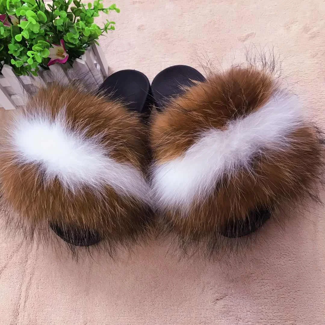 Customize fur slipper fluffy fox fur slides slippers for women cheap luxury fox fur slippers