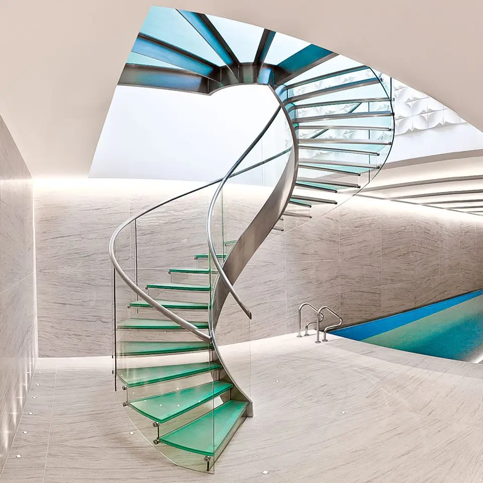 Fancy Indoor Glass Railing Spiral Stairs Designs With 12mm tempered Glass  Comply  With Amerian Building code