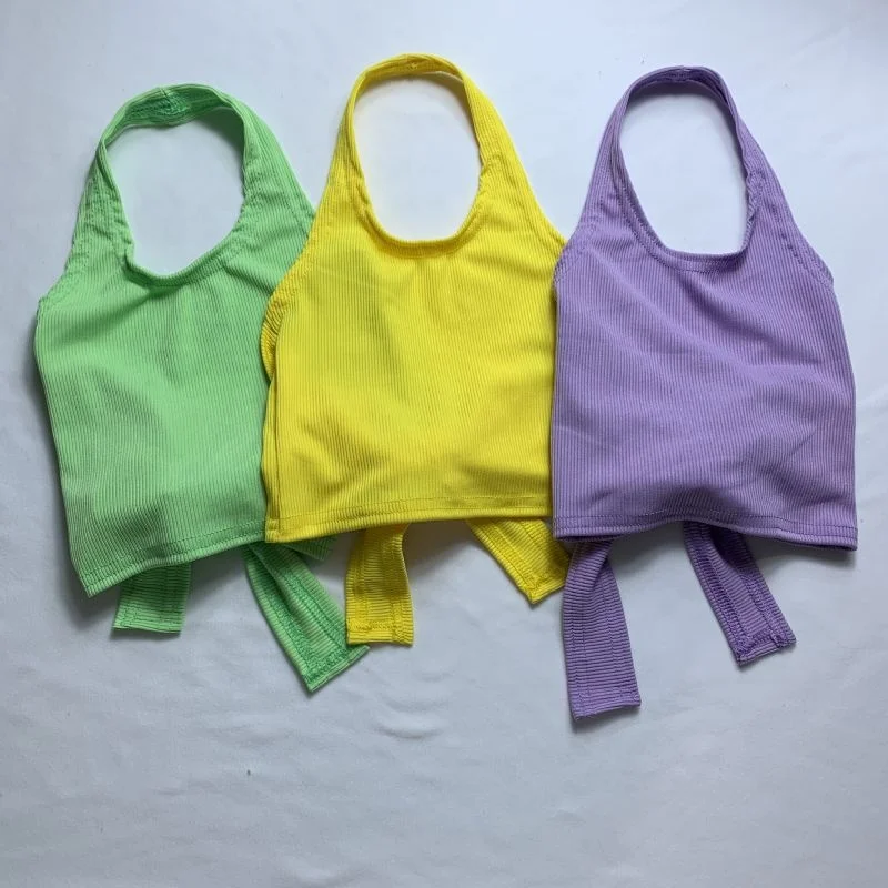 Newest 2023 Summer Fashion Kids Halter Tank Top Solid Color Sleeveless Top With Bow Tie Back Kids Crop Top