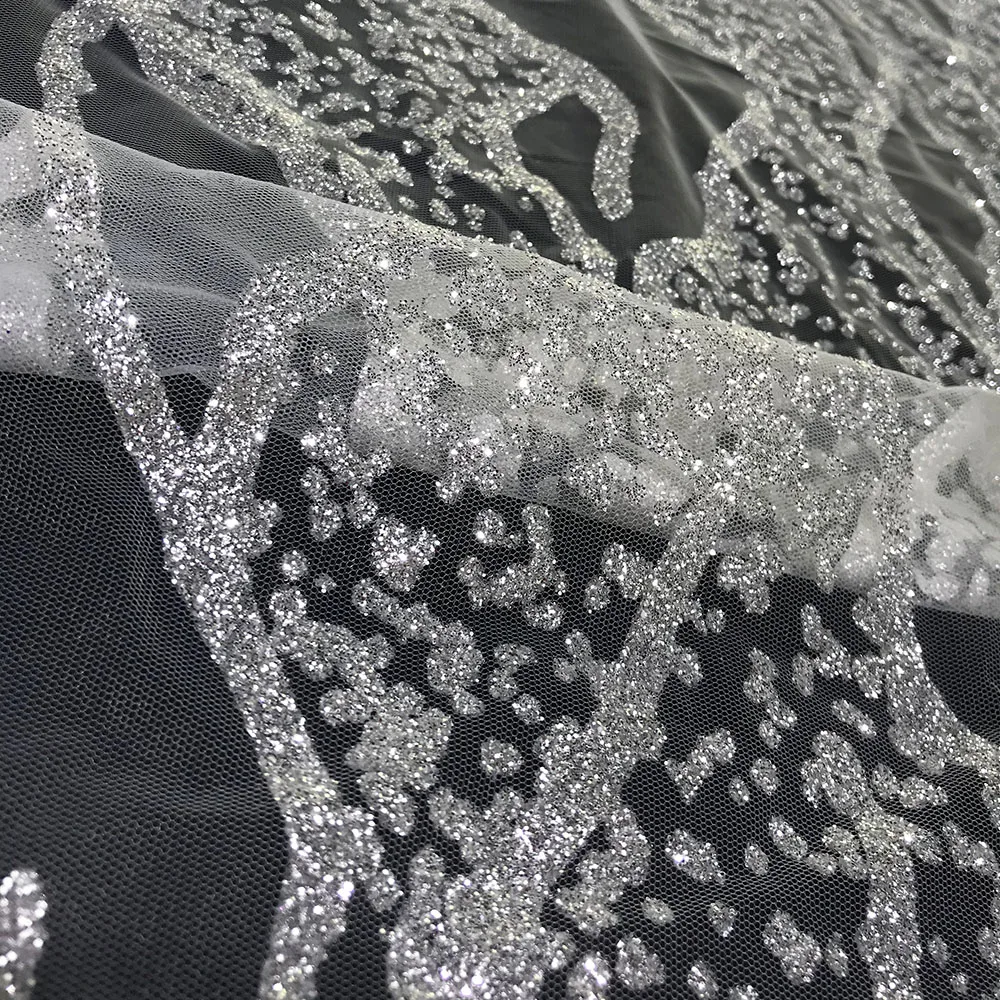 High Quality Glitter Lace Polyester Transparent Mesh Shining African Party Dress Luxury Sequin Tulle Fabric 5 Yards