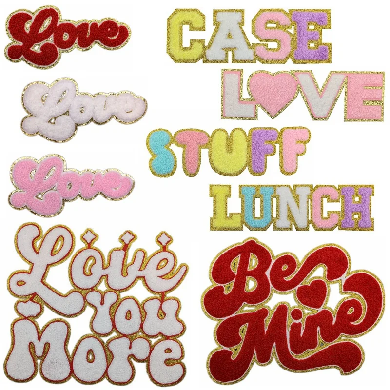 Hot Selling Big Size Iron on Chenille Embroidered Gold Edge Mama Love Be Mine Letter Patch for T-shirt Hoodies