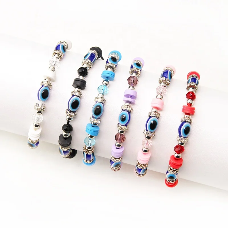 Wholesale Fashion Evil Eye Beaded Bracelet for Women and Men 3 Blue Polymer Clay Crystal Charm Crystal Evil Eye Beaded Bangle