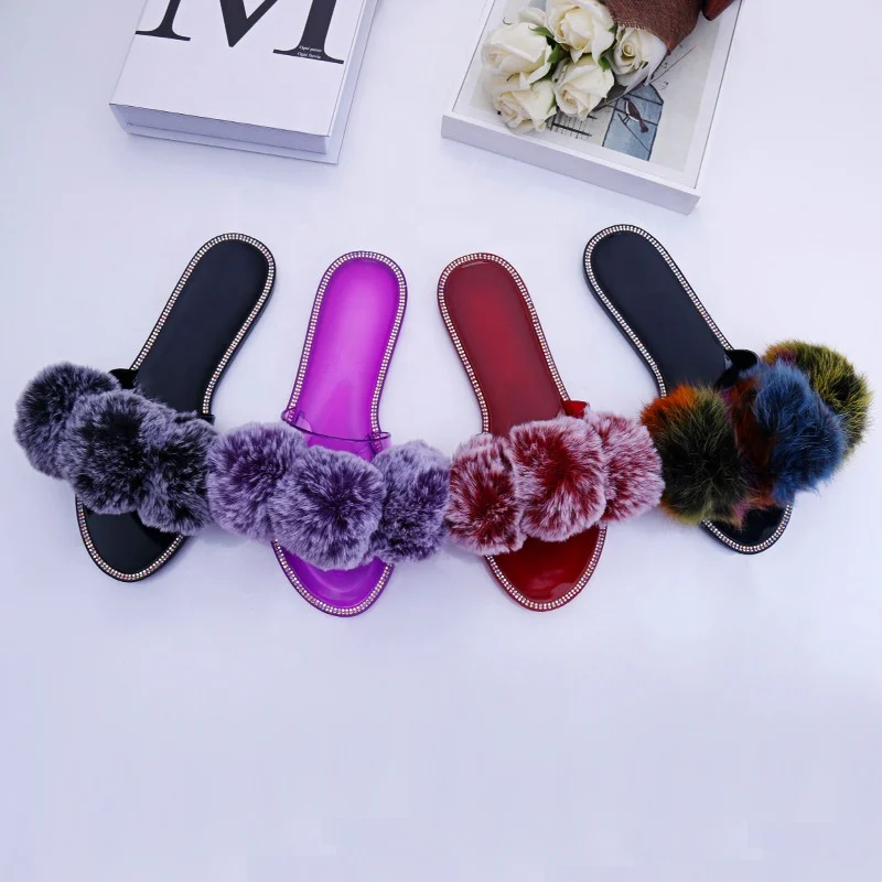  JDS01 New Fashion Cute Faux Fur Pompom Jelly Slippers Sandals For Ladies