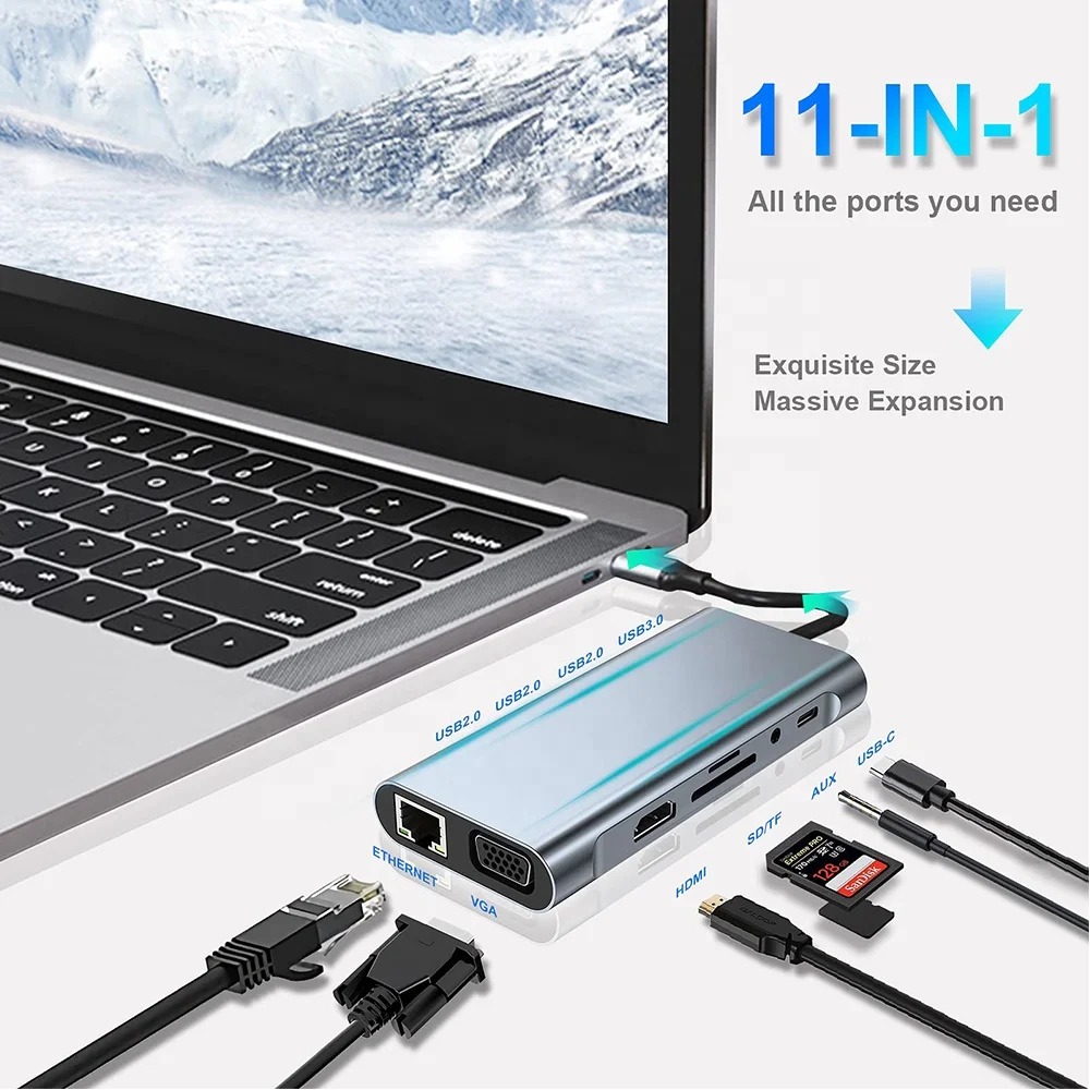 Computer hardware software aluminum 11 in 1 type c to 4k hdmi vga 100M RJ45 usb charging hub type c docking station for laptop