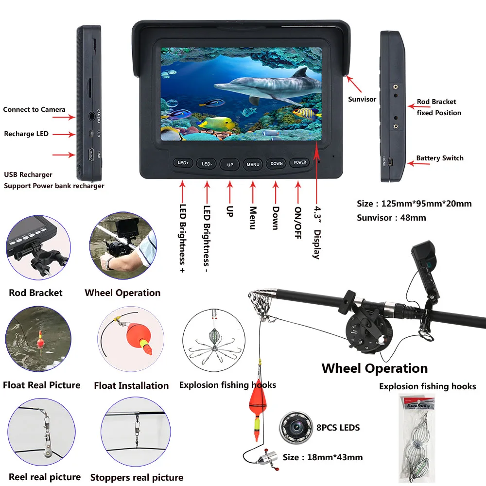 4.3 Inch Color Monitor Underwater Fishing Video Camera Kit with 8 Pcs IR LED Lights with Explosion fishing hooks