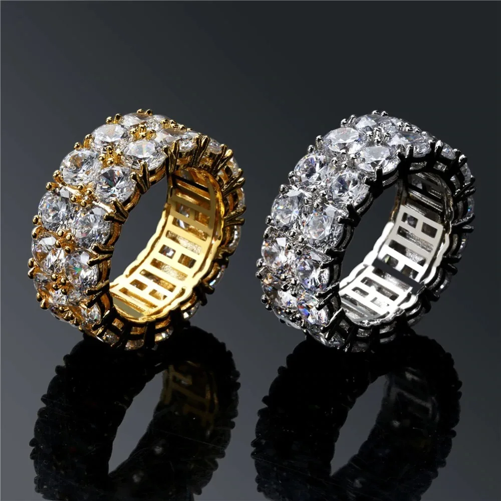 
2 Row CZ For Men/Women Gold/Silver Color Iced Out Charm Round Ring Band Classic Rings Jewelry Women 