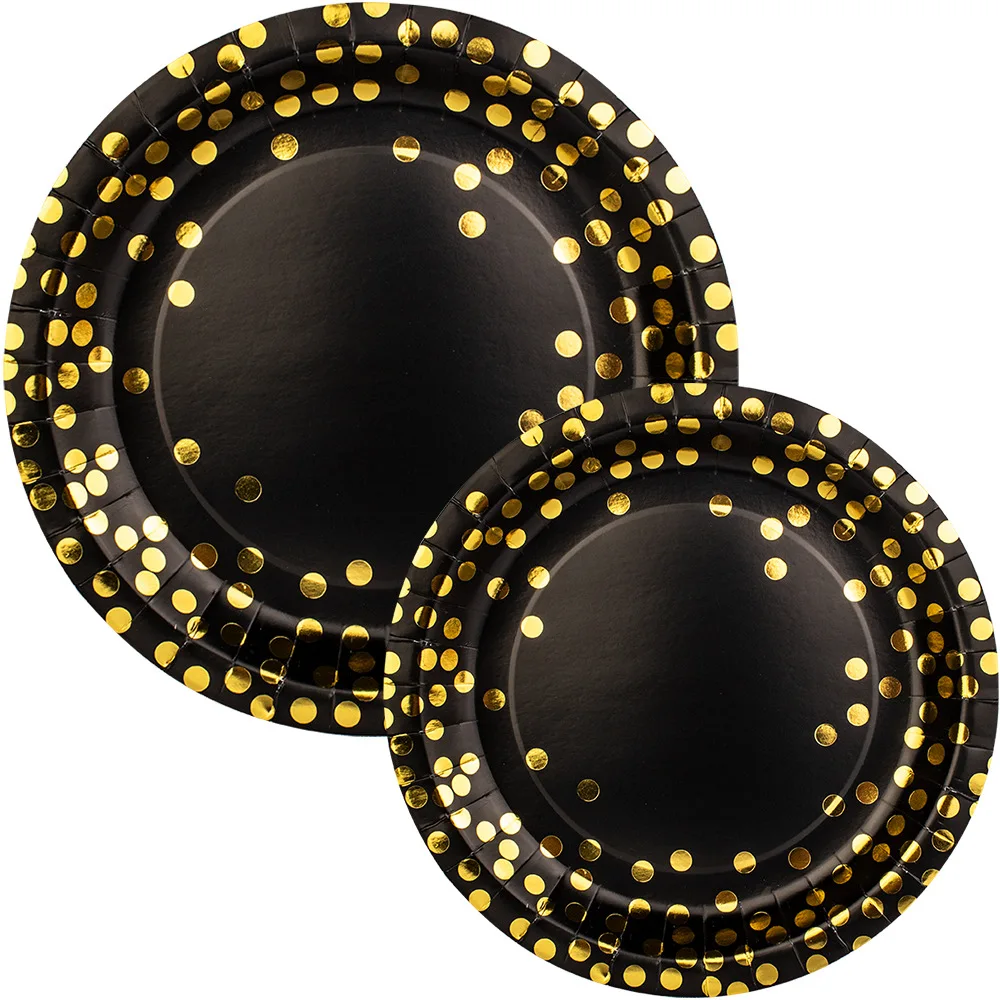 Black Gold Dots Disposable Paper Tableware Sets with Plates Cups Straws Cutlery for Party Wedding Supplies JW Opp Bag Gua 200pcs