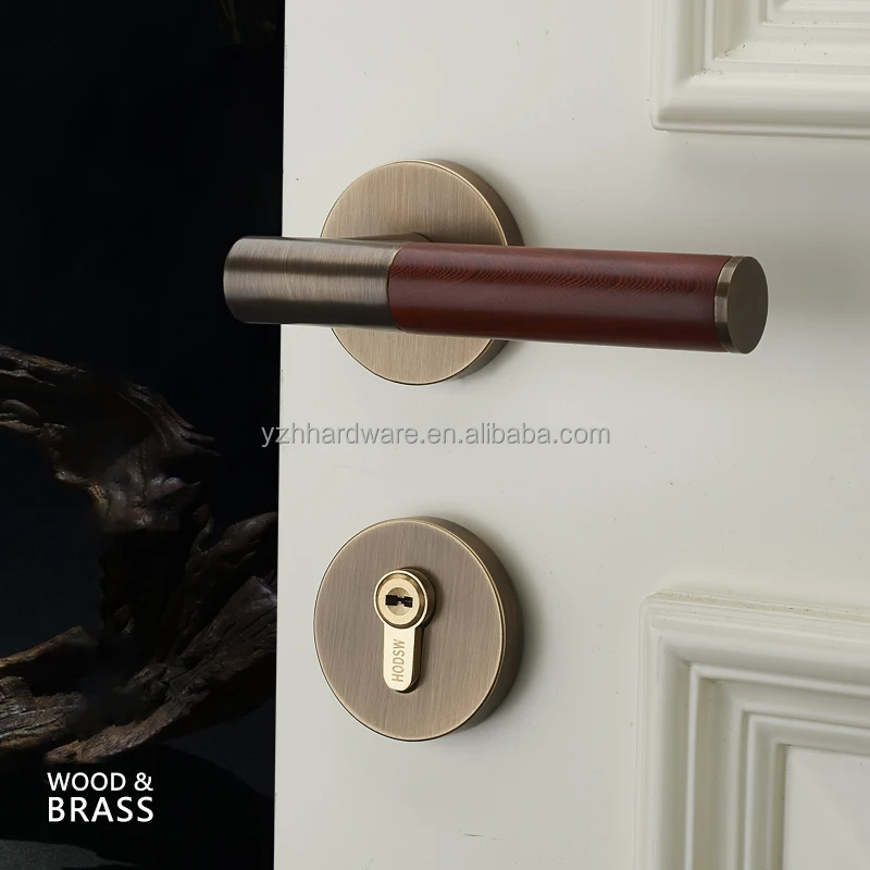 [Цельная латунь] высококачественный замок для межкомнатной двери с дизайном ручки из древесины