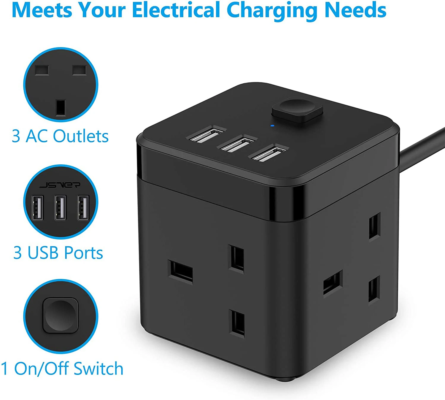 Power Strip with USB/Cube Power Strip 3 Way Socket 3 USB 5V 3.1A Multiple Socket with USB Short Circuit Protection