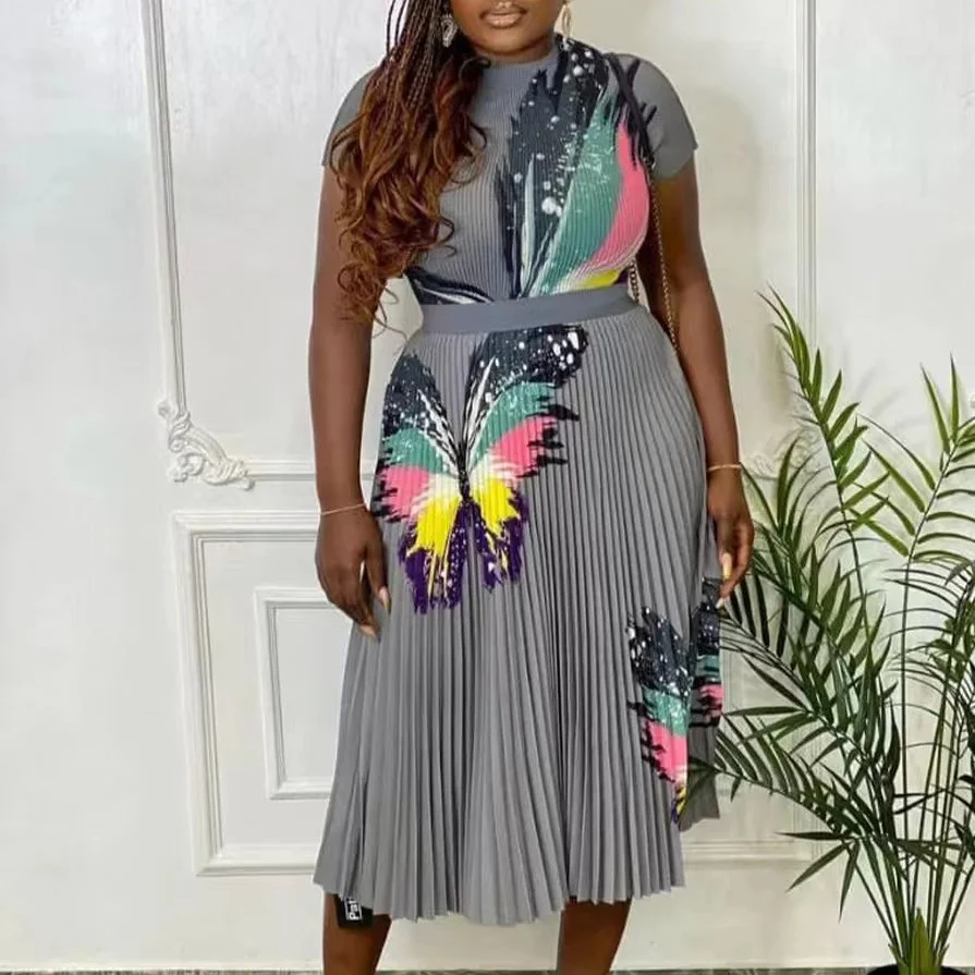 New style fashion short sleeve T-shirt+ruched skirt sexy casual printed 2 pieces sets temperament suits plus size women clothing