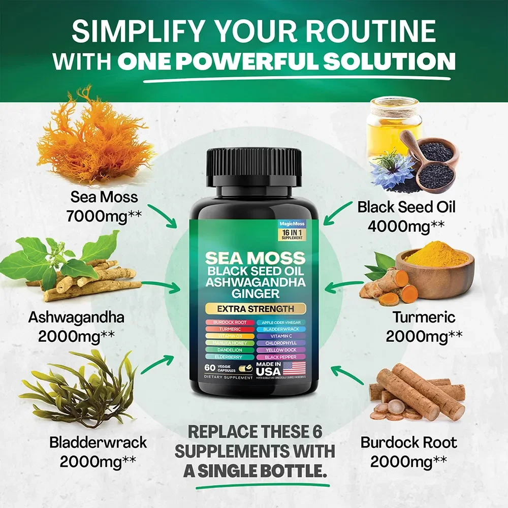 Private Label OEM Sea Moss Black Seed Oil Capsules Ashwagandha Turmeric Bladderwrack Burdock Ginger Vitamin Capsules