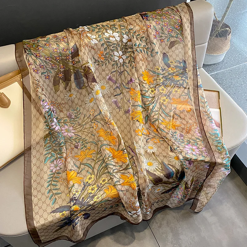 New arrival designer flower printed silk gauze scarf famous brands scarves women beach swimwear sarong cover up wrap shawls