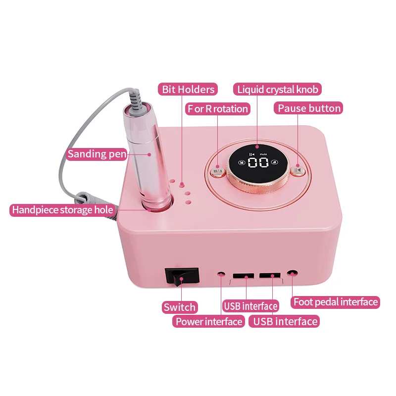 Professional Nail Drill Machine 35000RPM Electric Nail File Efile with Speed Display and 2 USB Ports for Home and Salon Use
