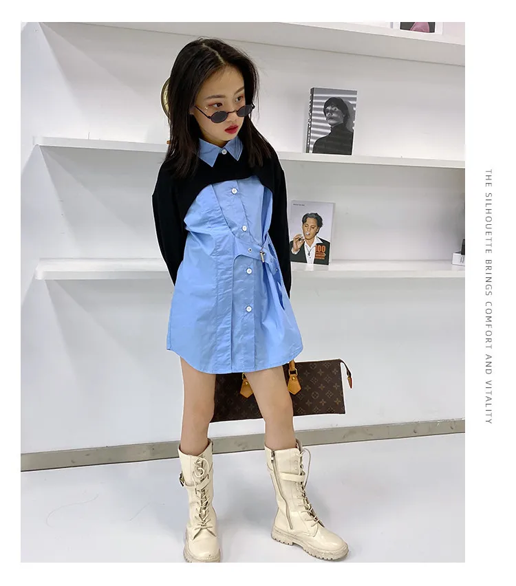 
2021 New Children Girl Blue Long Sleeve Dress Shirt with Crop Top 2 pcs Set 120-170cm Height 