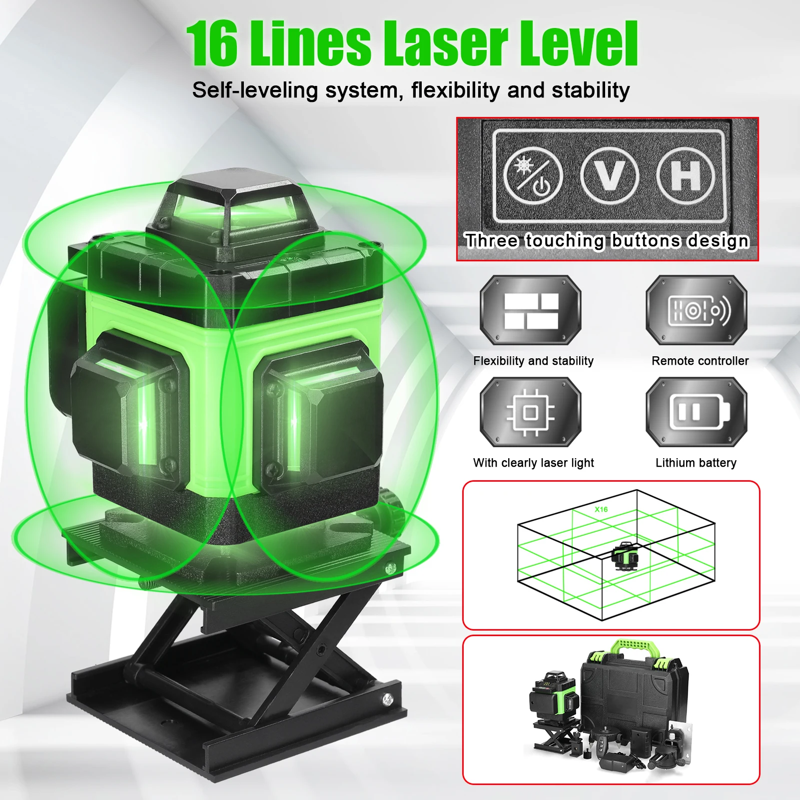 Multifunctional 4D 16 Lines Laser Level Self-leveling Machine Rechargeable Lithium Battery Outdoor Rotary Lasers Tools Set
