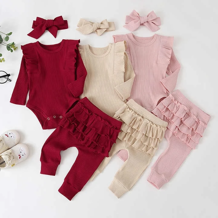 Baby Girls spring and autumn 3pcs Clothing Set Kids Knitted baby romper + Pants with hairband Toddler Clothes Sets