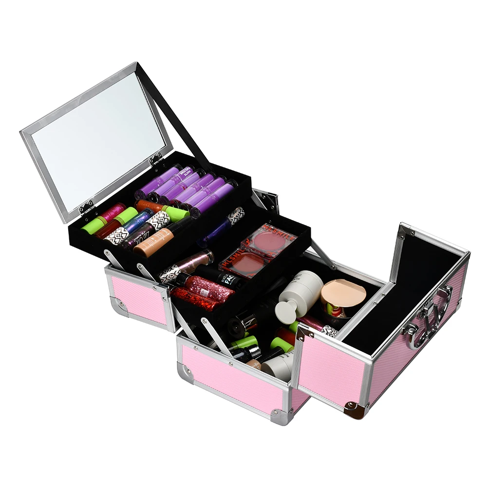 Multi-layer Professional Portable Aluminum Cosmetic Makeup Case Girls Makeup Box with Mirror with Keys Pink