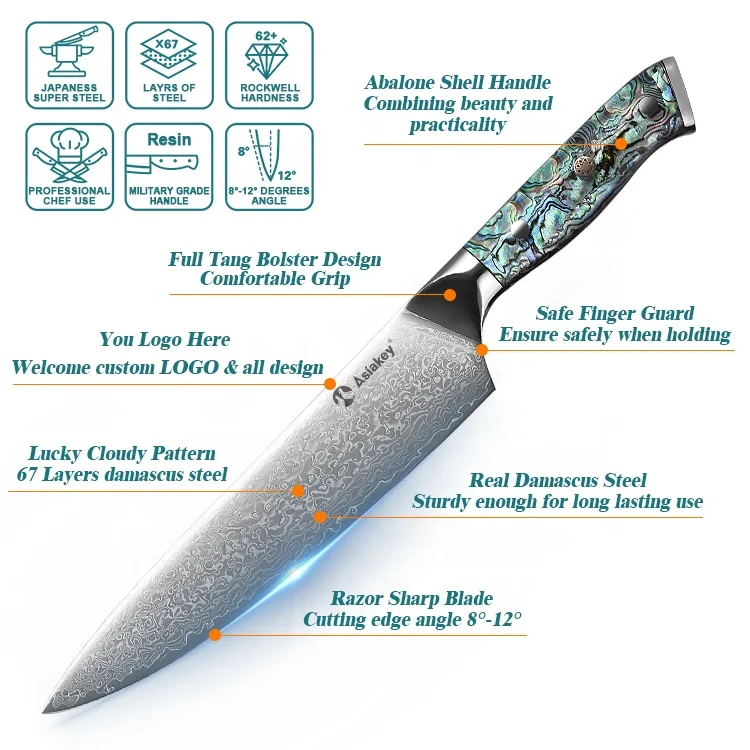 Yangjiang Asiakey Factory 8 Inch Japanese Master Gyuto Knife Damascus Steel Chef Knife With Abalone Shell Handle