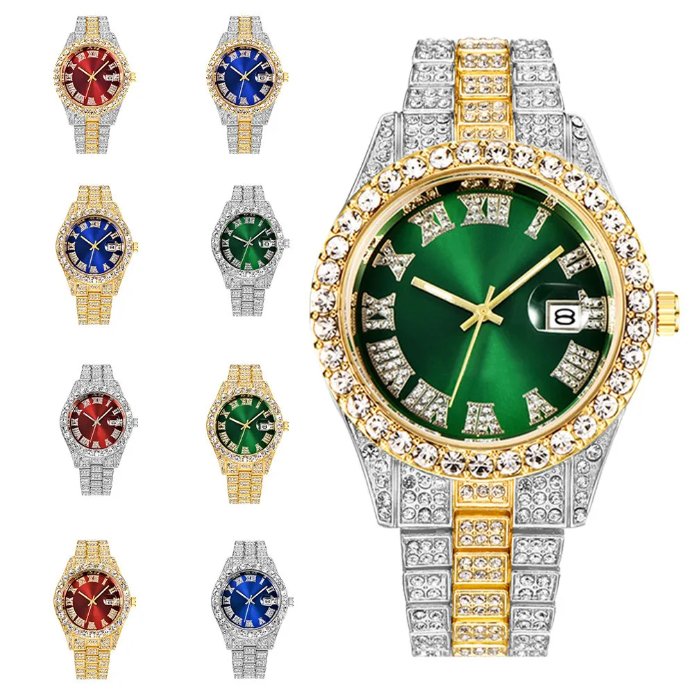 Stainless steel Date analog quartz Watch hiphop Gold diamond wrist watch for men