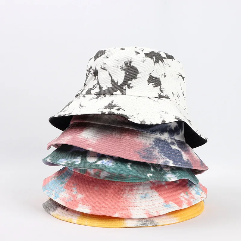 INS Popular Women Fashion Designer Tie Die Double Side Use Sunshade Bucket Hats for Summer