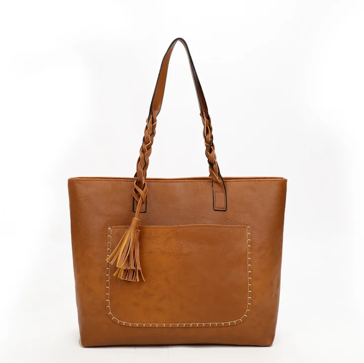 2020 New Products Korea Fashion Black Big Size Shoulder Bag PU Leather Cheap Woman Handbag With Tassel