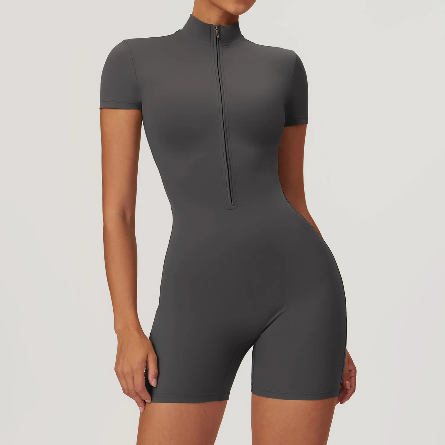 High Quality  Custom Made Women Half Zip Sports Short Jumpsuit Tummy Control Nylon Spandex Jumpsuit