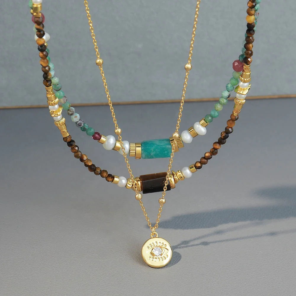 eye agate natural stone freshwater pearl natural turquoise long beaded necklace luxury jewelry, long necklaces , natural stone