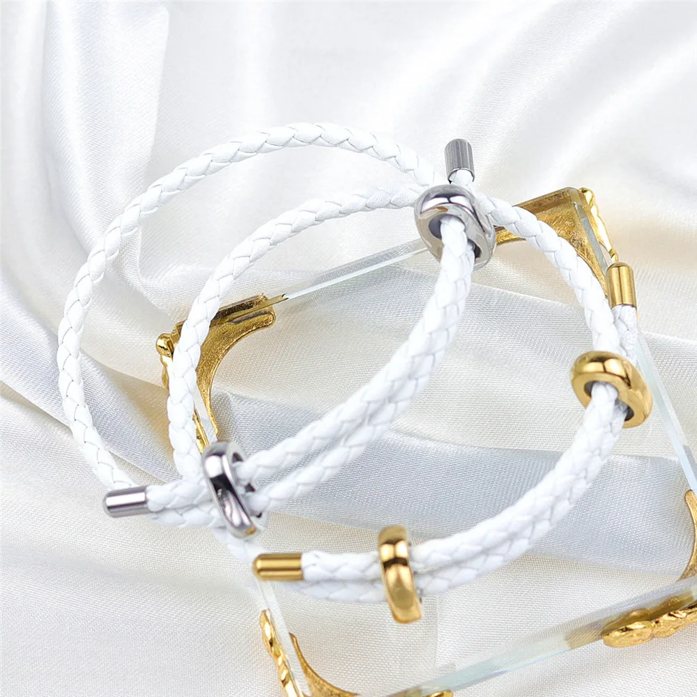 OYA genuine leather bracelet series 2024 jewelry trends stainless steel Bunkle Adjustable White Braided Genuine Leather Bracelet