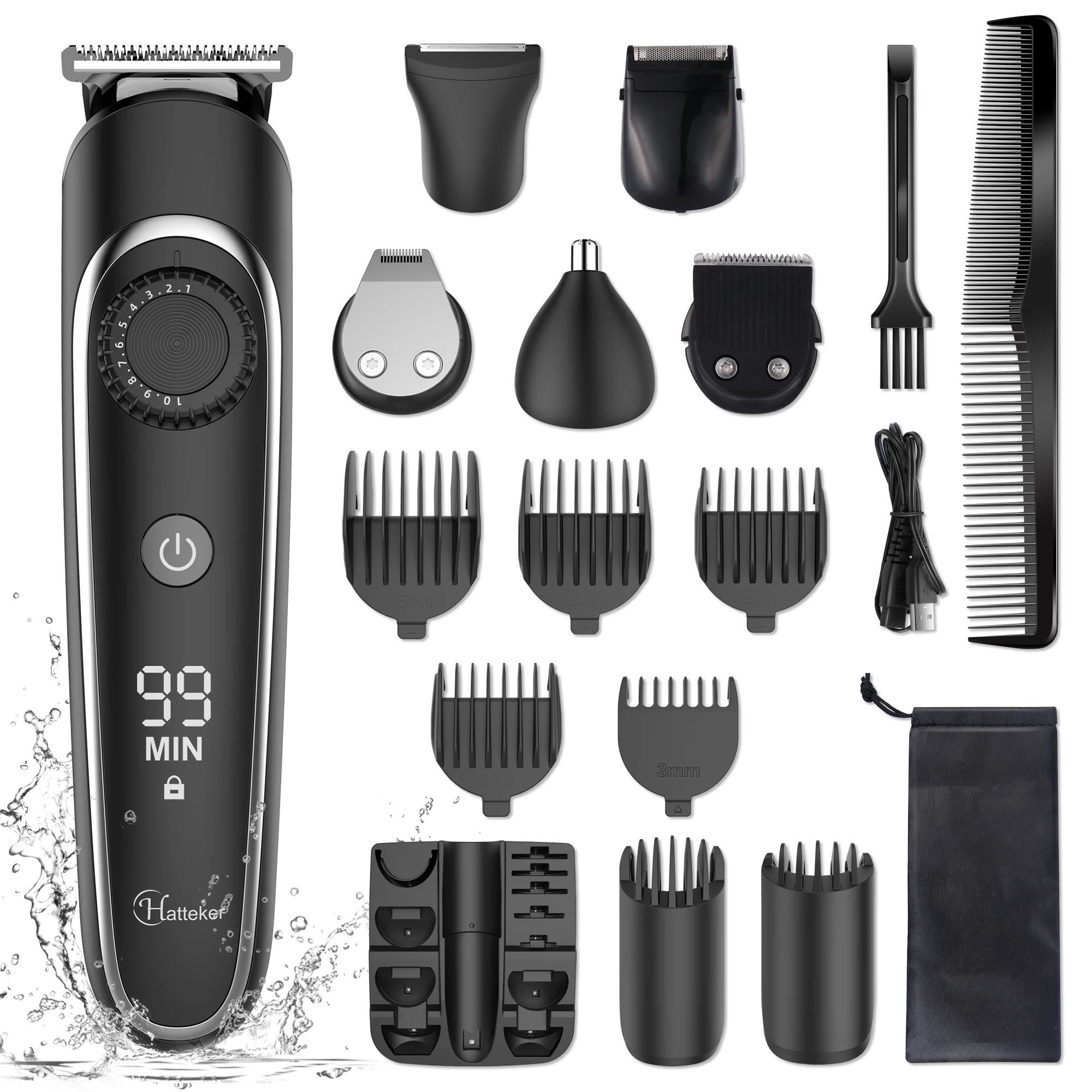 Hatteker Professional Beard Trimmer Hair Clippers for Men Hair Trimmer Hair Cutting Kit 6 in 1 Waterproof Rechargeable