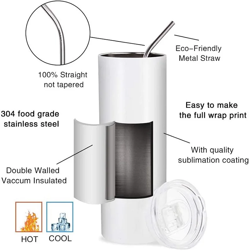 SAVY FREE SHIPPING US Warehouse Skinny Straight Blanks Sublimation Tumbler 20oz With Lids Straw Stainless Steel  Heat Transfer