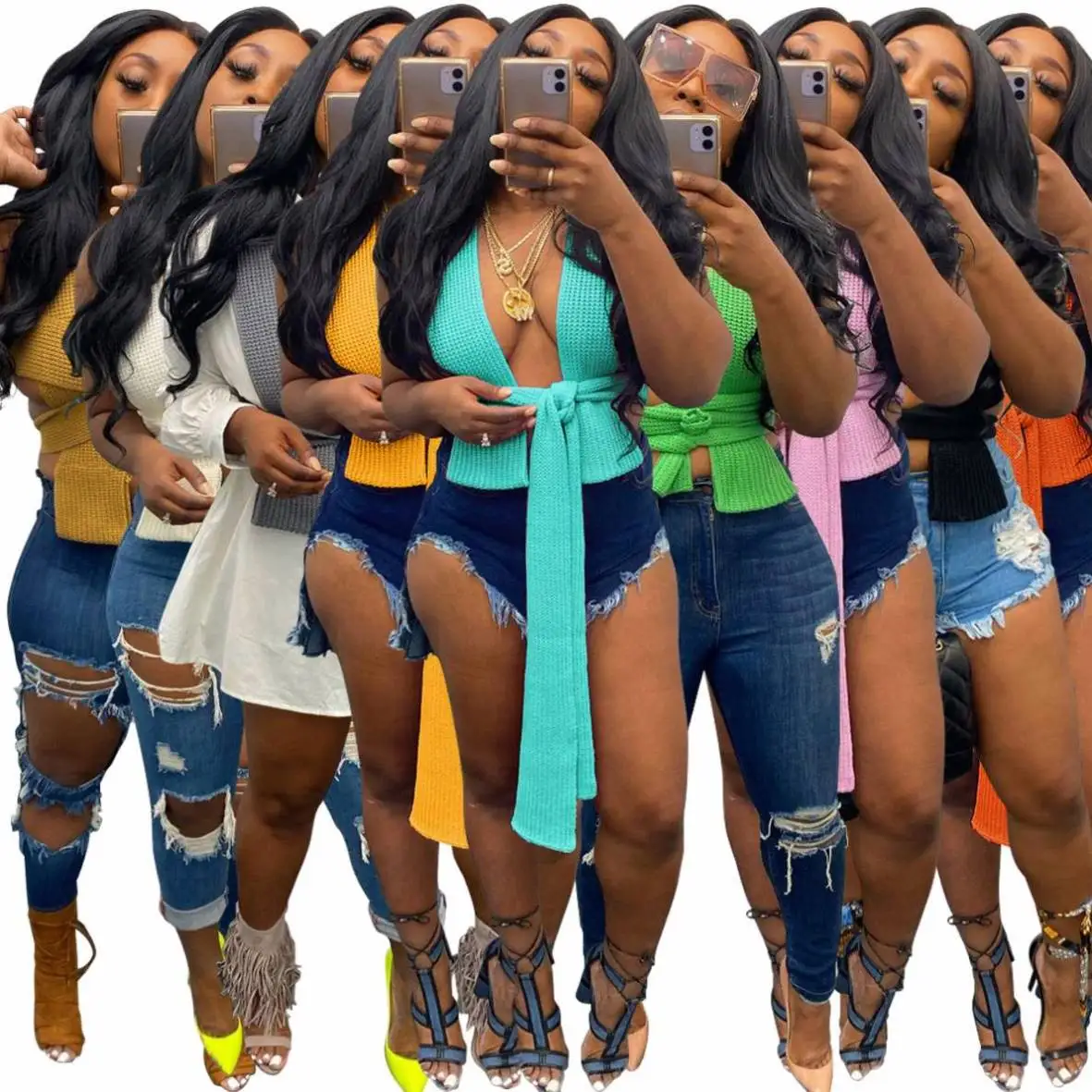 Summer Streetwear fashionable Knit Cropped Sweater DIY Stylish Lace Up sexy Crop Top women cardigan sweater