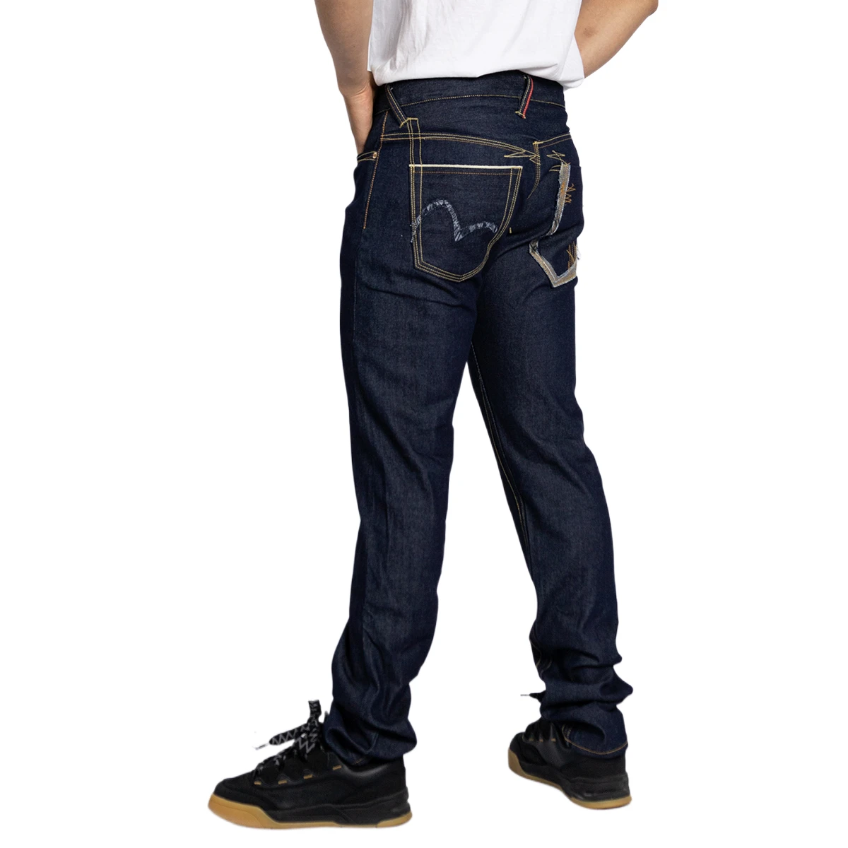Patchwork Waist Blue Raw Denim straight jeans men slim fit