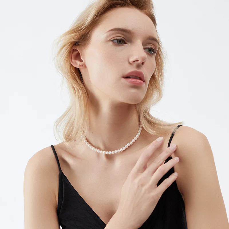 New Style Fashion  6-7mm White Cultured Freshwater 925 silver simple clavicle chain Pearl Necklace