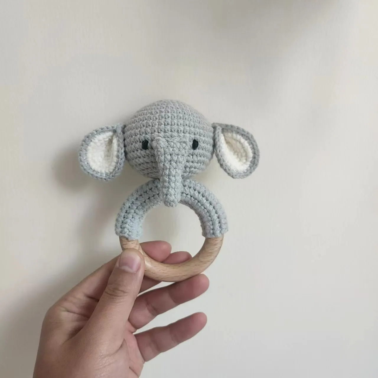 Wooden Animal Rabbit Baby Rattle Crochet Knit Bunny Teething Sensory Toys for Babies