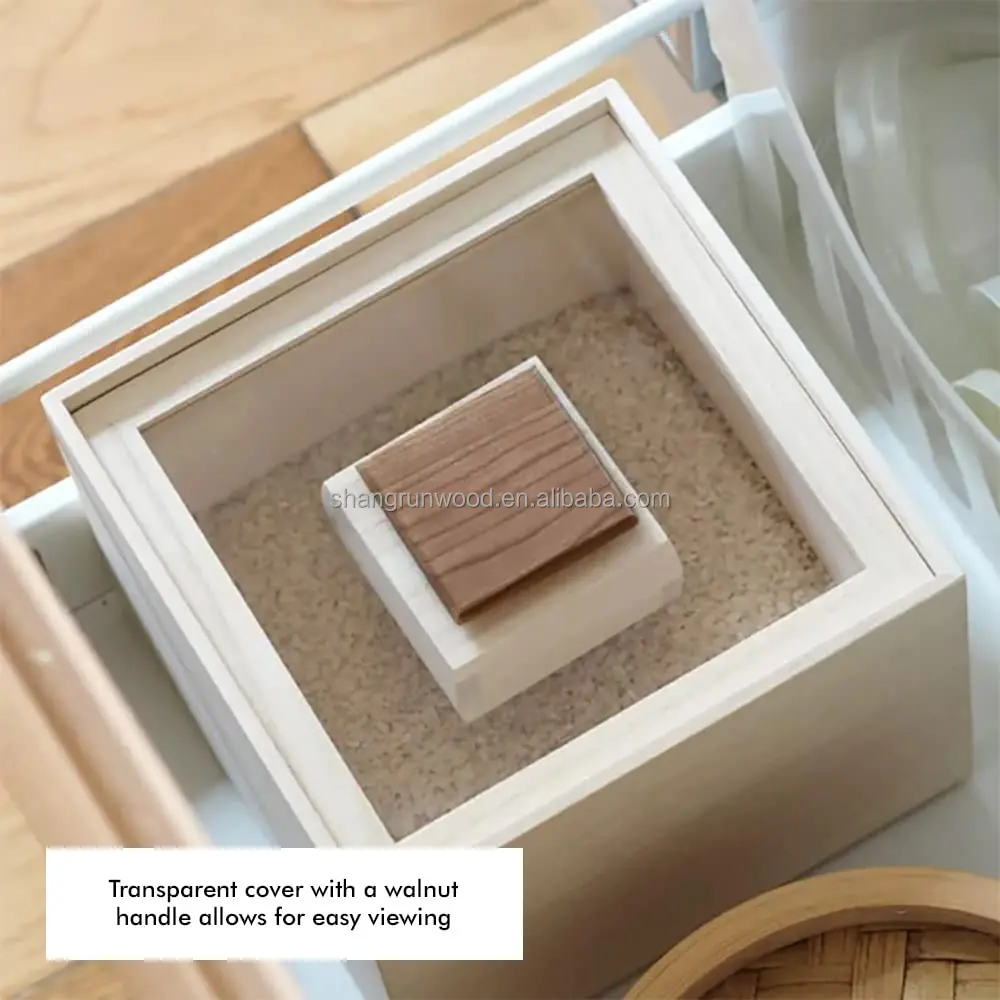 Wood Cube Box Laser Cut Large Size Wooden Rice Box Wooden Rice Storage Container With Lid And Measuring Cup