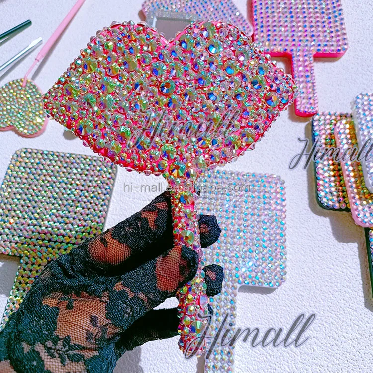 Luxury Shiny Rhinestone Round Square Heart Handheld Bling Diamond Makeup Mirror Lovely Handheld Cosmetic Mirror