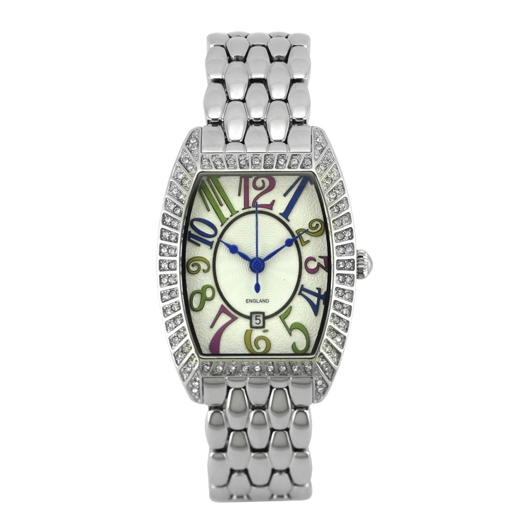 Popular All Stainless Steel Band Colorful Numerals Japan Movt Crystal Luxury Quartz Case Back Watch For Women