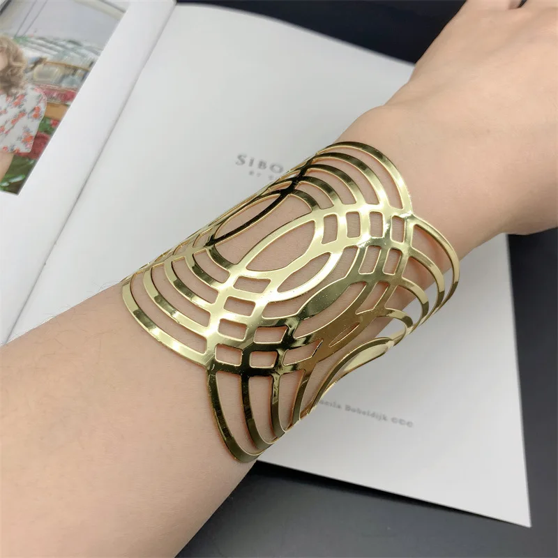 Bracelet Open Bangle Women European American Exaggerated Jade Wide Metal Electroplated Polished Surface