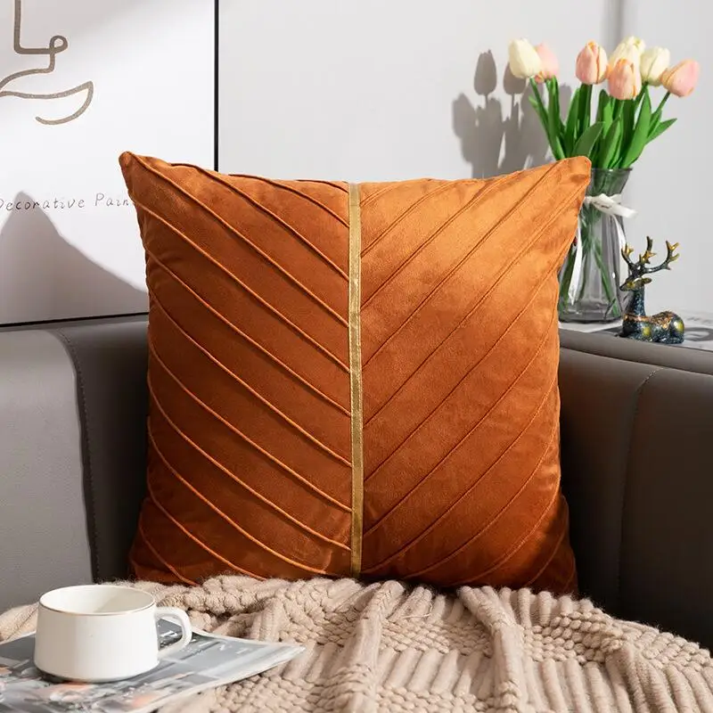 50x50cm Luxury Velvet Cushion Covers Patchwork Gold Leather Throw Pillow Cover Square Pleated  Pillow Cases For Home Decor