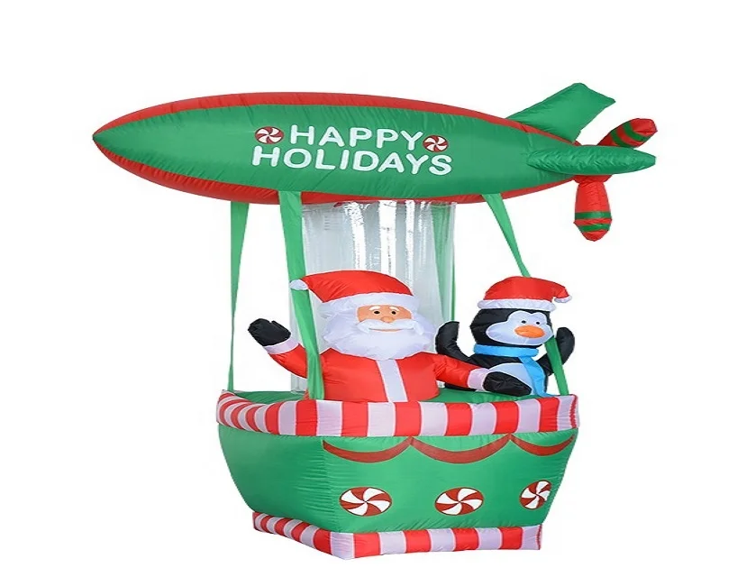180cm/6ft inflatable santa claus and penguin on a green hot air ballon for christmas decoration
