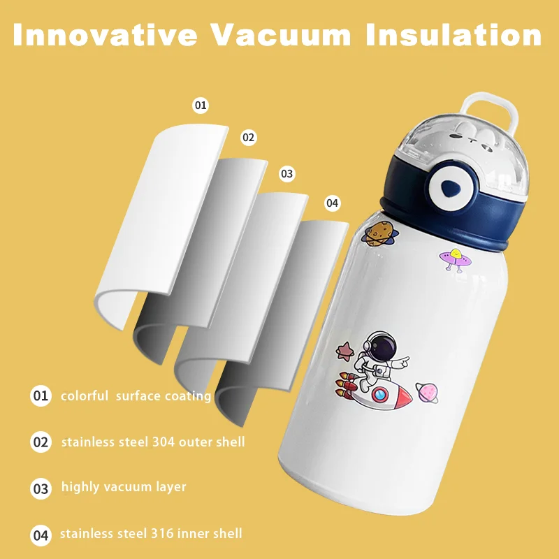 Zoomax 500ml Cute Stainless steel thermos vacuum bottle with strap outdoor portable Cups with lids and straws