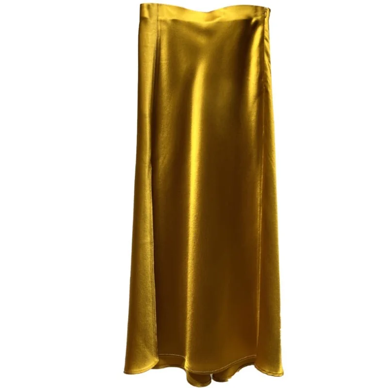 Summer Acetate Half Skirt with Elastic Waist and Slit Satin Drape, Exuding a Ladylike and Elegant Vibe.