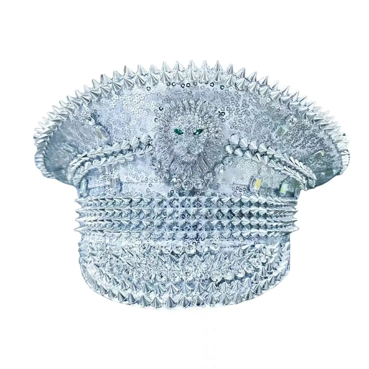 Lion Head Carnival Crazy Party Hat Bridal Navy a Silver with Silver Polyester Fiber Studded Punk Sequin Plush Unisex Adults