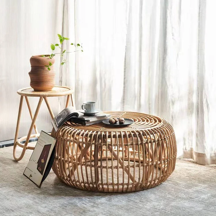 living room furniture wholesale rustic farmhouse round low small floor straw rattan tea table with mat