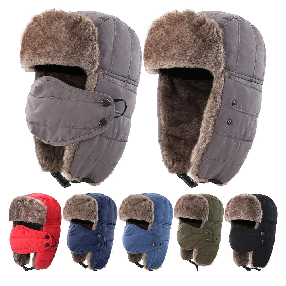 Custom Fur Earflap Snowboarding Aviator Russian Warm Winter Hat Trooper Ushanka Faux Sherpa Trapper Hat for Men Unisex Adults