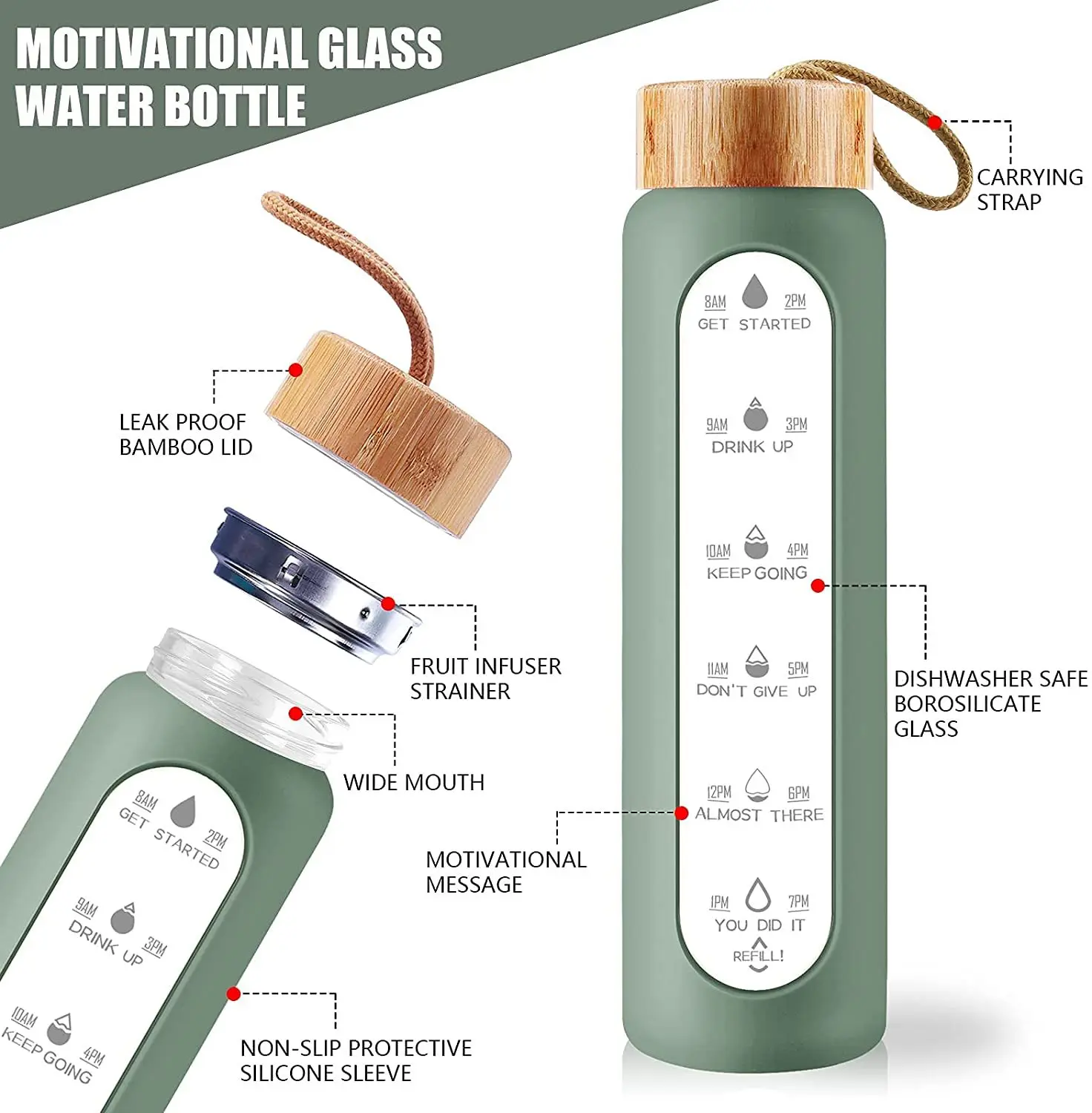 1L Hot Sport Bottle Bamboo Lid Silicone Sleeve Borosilicate Glass Water Bottle with Time Marker and Tea Strainer