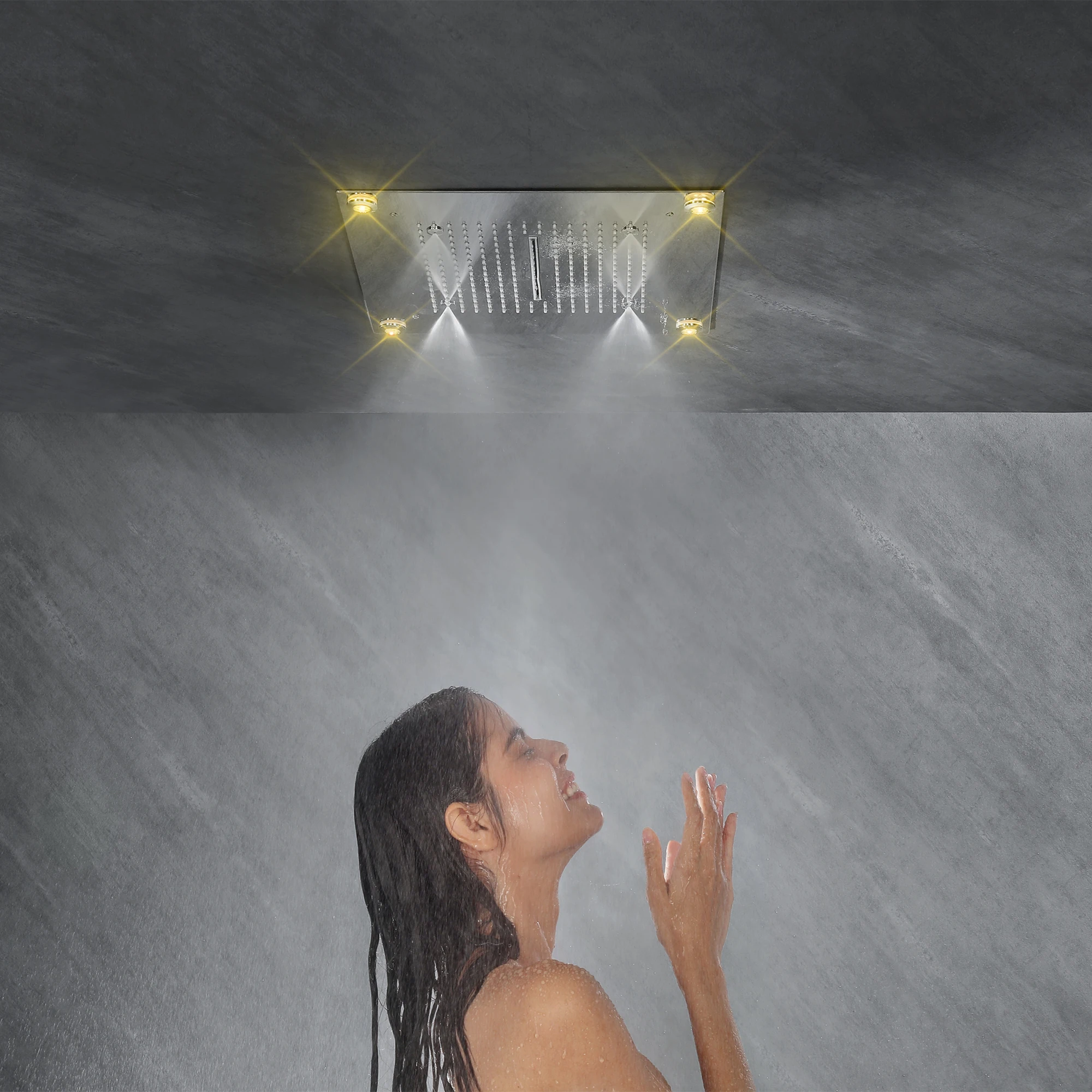 LED Bathroom Rainfall Shower System SPA Waterfall Mist Multifunction Brass Diverter Valve Shower Set
