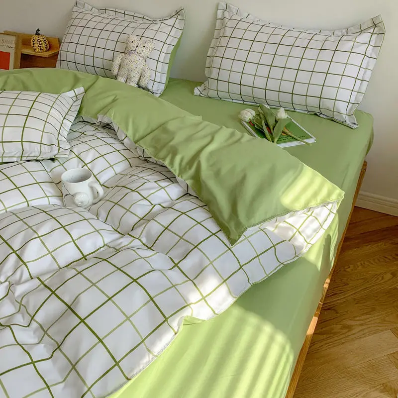 Queen Size Flat Sheet Classic Grid Double Bed Linens Quilt Duvet Cover Pillowcase Fashion Bedding Set