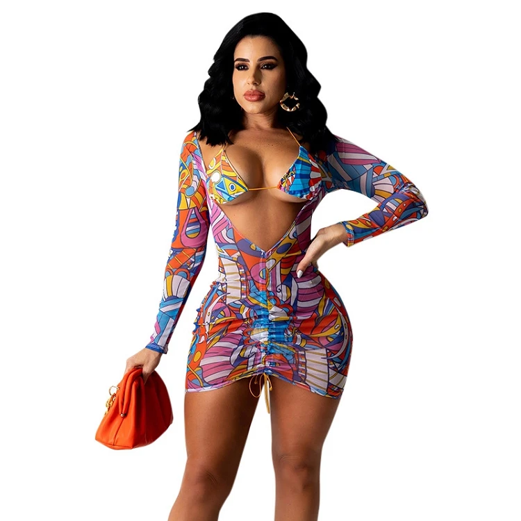 mini dress ladies swim suit cover sexy bra printed see through mesh ruched cover up dress swim bathing suit beach wear