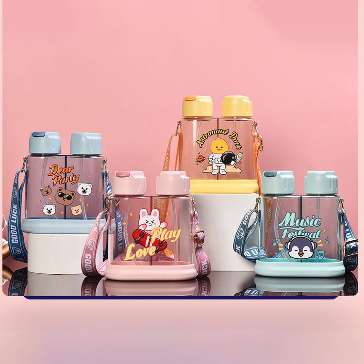 Creative outdoor sports water bottle for children stylish portable double drinking straw bottle for students kettle